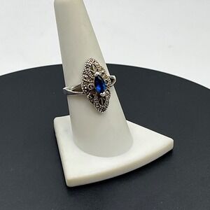 Art Deco Marcesite Sterling Silver Blue Prong Set Marquise Stone Ring Sz 8.5